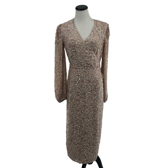 Mac Duggal Nude Sequin Long Sleeve Cocktail Midi Dress 6 - Picture 3 of 12